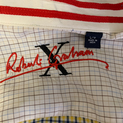 ROBERT GRAHAM Size L Yellow Blue Plaid Cotton Button Up Long Sleeve Shirt