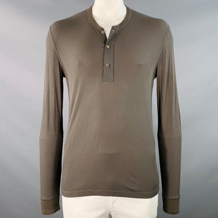 TOM FORD Size L Green Olive Ribbed Modal Blend Henley Pullover