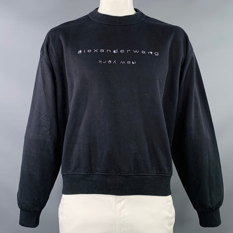ALEXANDER WANG Size L Black Grey Logo Cotton Oversized Crew Neck Sweatshirt