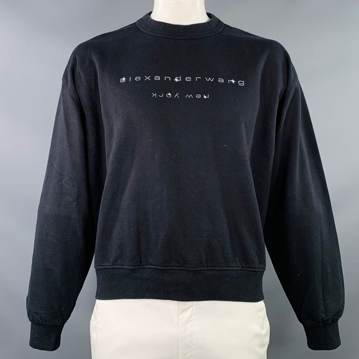 ALEXANDER WANG Size L Black Grey Logo Cotton Oversized Crew Neck Sweatshirt