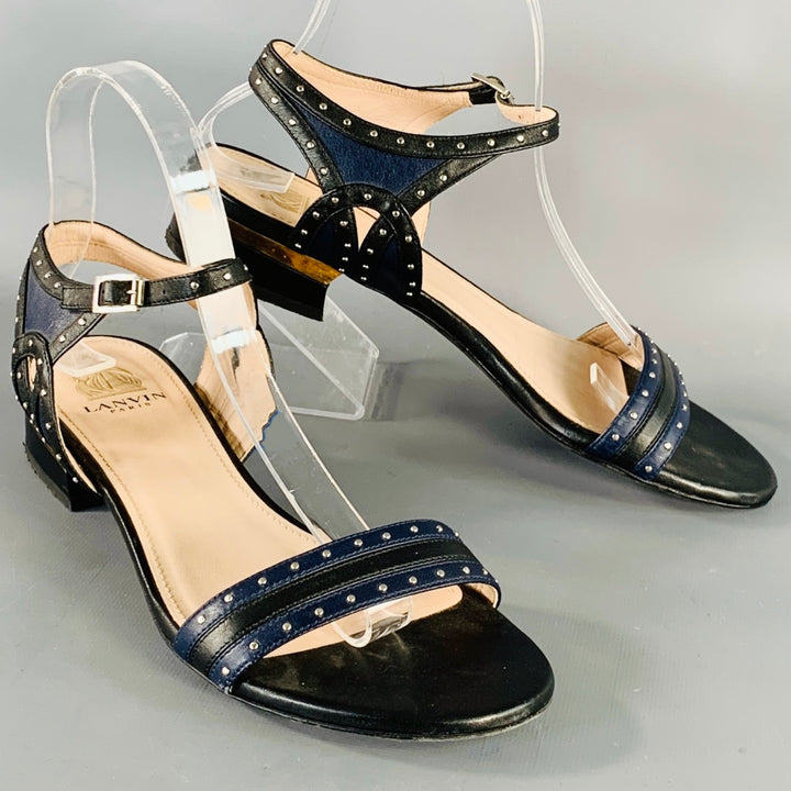 LANVIN Size 8.5 Navy Black Leather Studded Ankle Strap Sandals