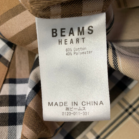 BEAMS HEART Size L Brown Black White Plaid Cotton Blend Snaps Short Sleeve Shirt