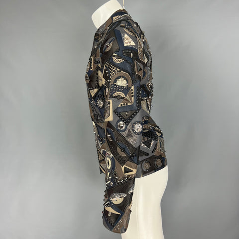 FENDI Printemps 2016 Taille 34 Gris Bleu Agneau Cerf Cuir Peau de Serpent Clouté Allover Monster Veste