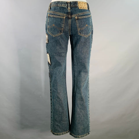 JOHN RICHMOND Size 27 Indigo Black Red Denim Twill Patches Flared Jeans