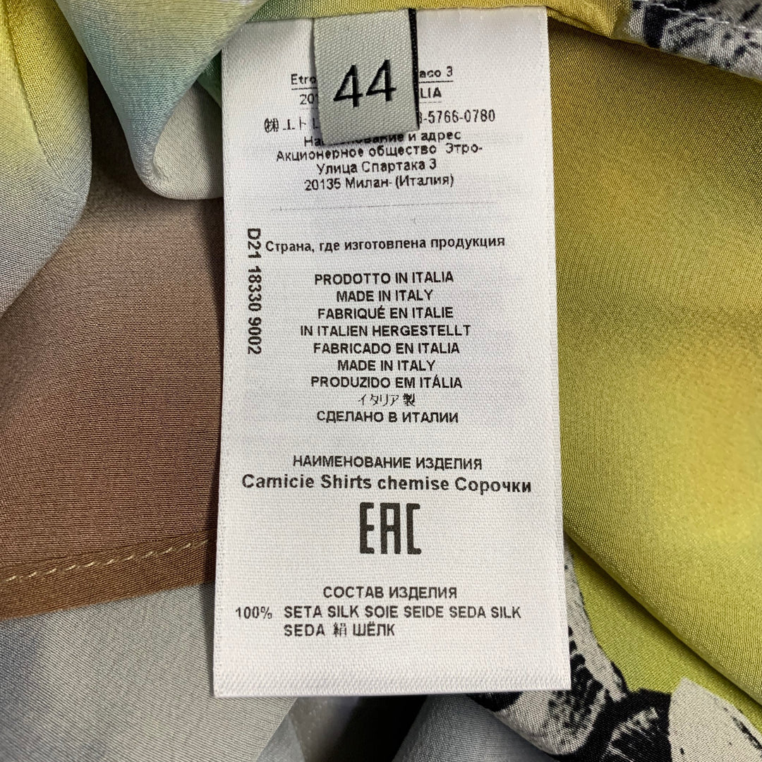 ETRO Size 8 Blue Multi Color Silk Birds Print Contrast Trim Blouse
