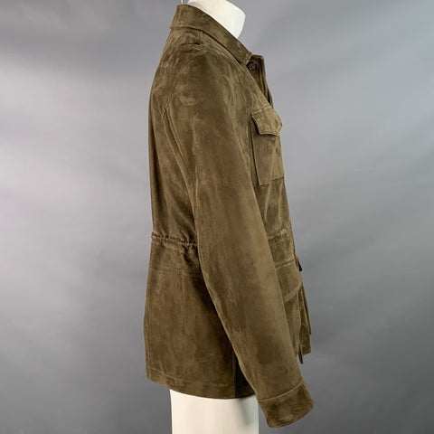 KINGSMAN Size 40 Green Lambskin Suede Drawstring Four Pockets Jacket