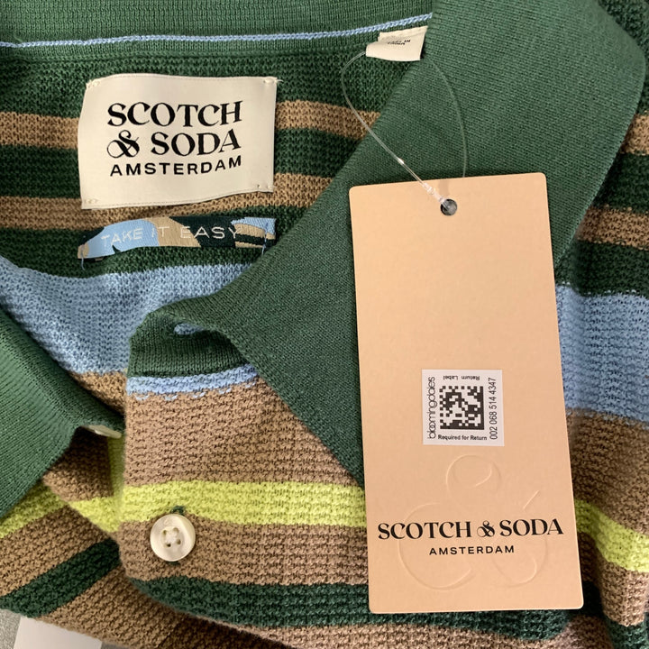 SCOTCH AND SODA Size L Green Brown Blue Stripe Cotton Knit Short Sleeve Shirt