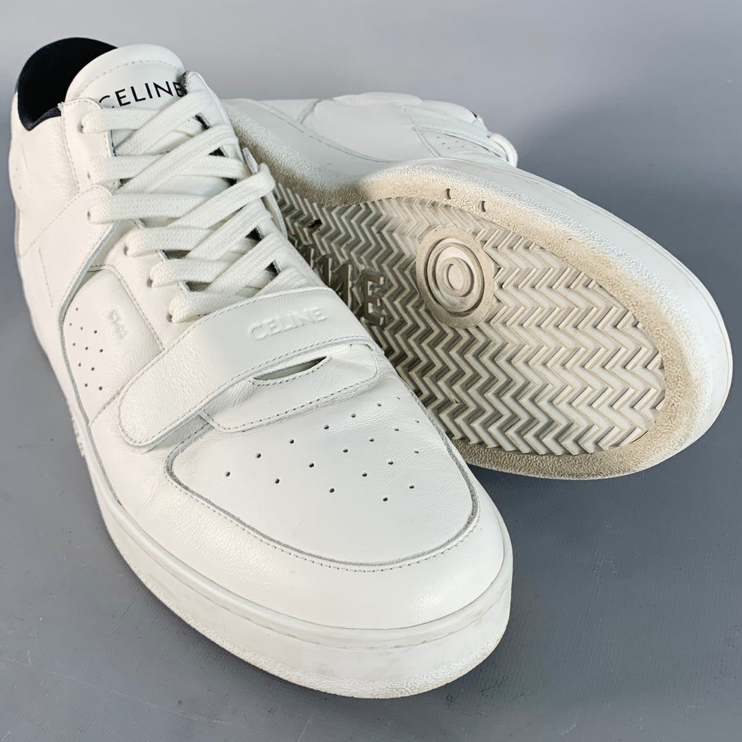 CELINE Size 12 White Black Perforated Leather Mid Top Lace-Up Sneakers