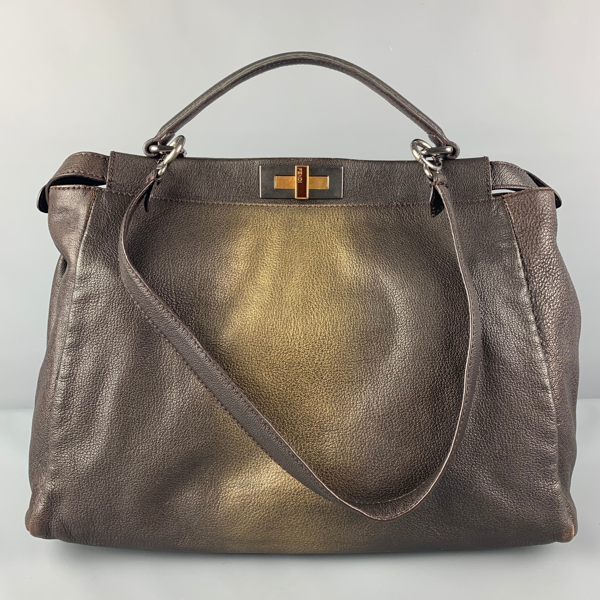 FENDI 2009 Brown Gold Ombre Leather Satchel Large Zucca Peekaboo