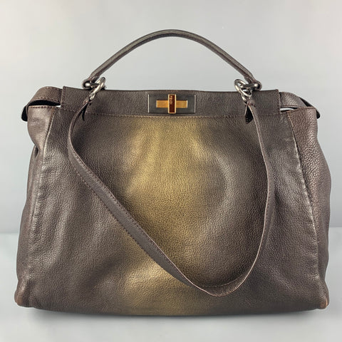 FENDI 2009 Brown Gold Ombre Leather Satchel Large Zucca Peekaboo Bag