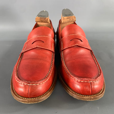 PRADA Size 9 Orange Stitched Leather Penny Loafers