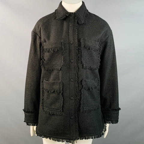 APPARIS Size XL Black Polyester Tweed Patch Pockets Fringed Coat