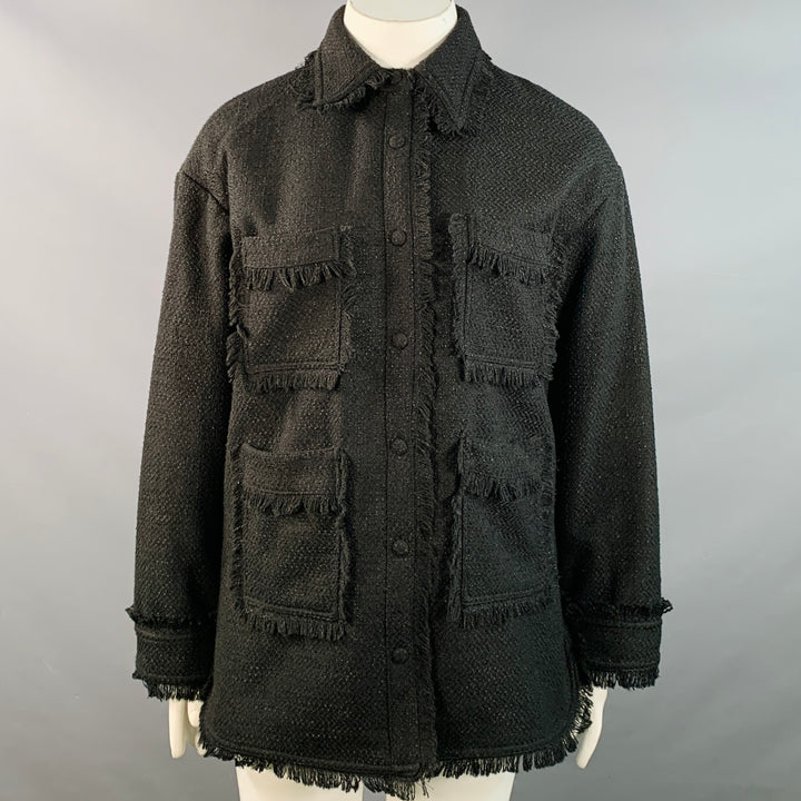 APPARIS Size XL Black Polyester Tweed Patch Pockets Fringed Coat