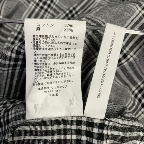 FUJITO Size M Black White Plaid Cotton Linen One Pocket Long Sleeve Shirt