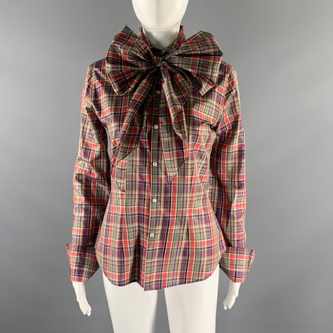 RALPH LAUREN Size 6 Purple Green Silk Plaid Dress Top