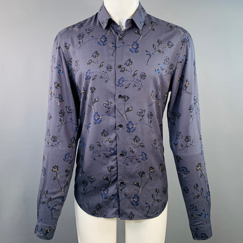 THE KOOPLES Size M Blue Floral Roses Cotton Cutaway Long Sleeve Shirt