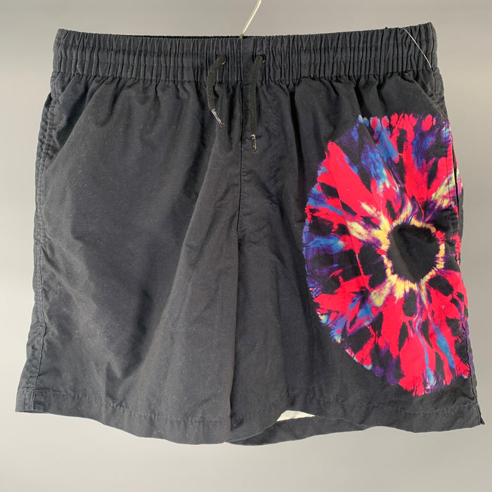 DRIES VAN NOTEN Size S Black Pink Blue Tie Dye Polyester Swim Trunks