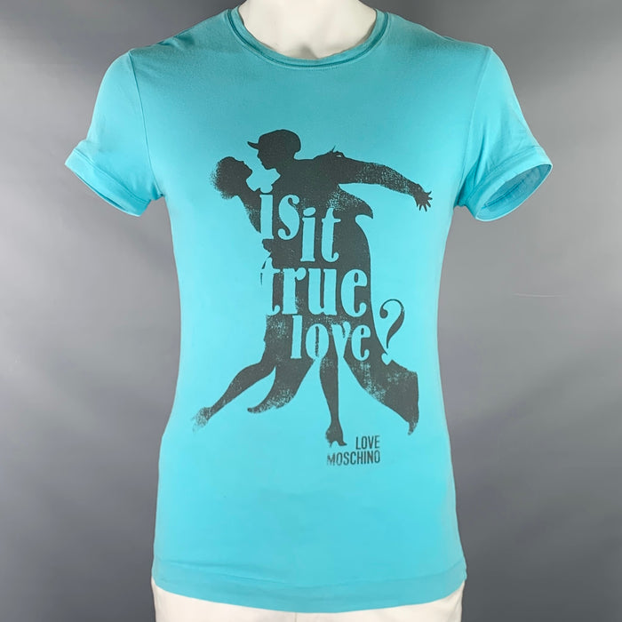 LOVE MOSCHINO Size L Grey Turquoise Graphic Cotton Blend T-shirt