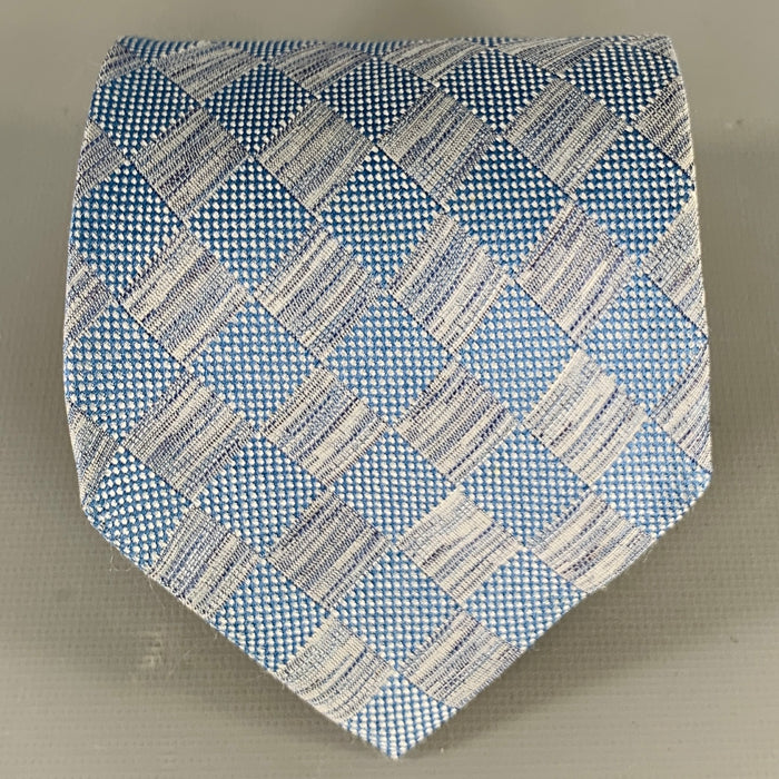 ERMENEGILDO ZEGNA Blue Checkered Silk Linen Jacquard Tie