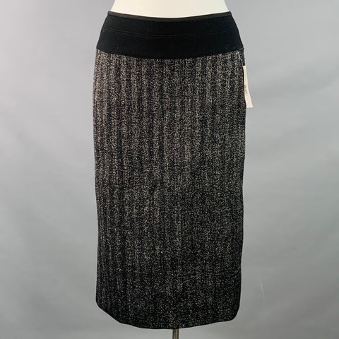 DONNA KARAN Size 10 Black Silver Wool Blend Pencil Midi Skirt