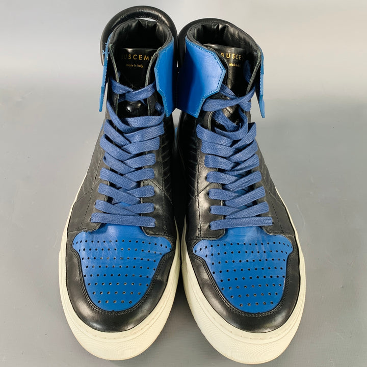 BUSCEMI Size 11 Black Blue Color Block Leather High Top Sneakers