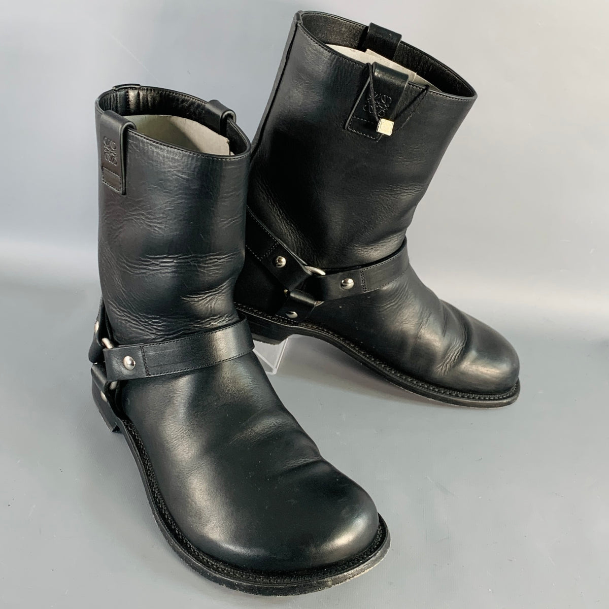 LOEWE Size 9 Black Leather Pull On Round Toe Harness Biker  display picture 2