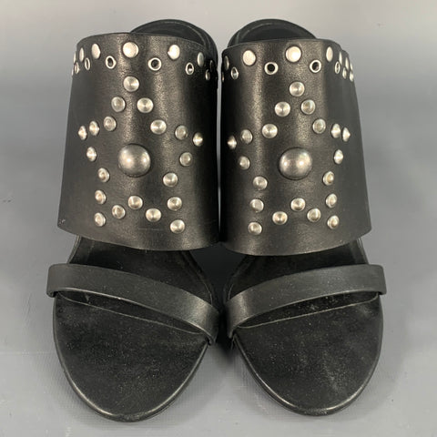 SEE by CHLOE Size 9 Black Silver Leather Studded Chunky Heel Sandals