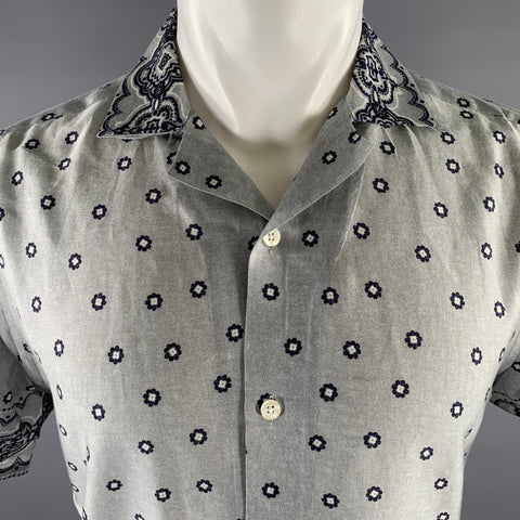 REISS Size M Grey Navy Bandana Cotton Camp Short Sleeve Shirt