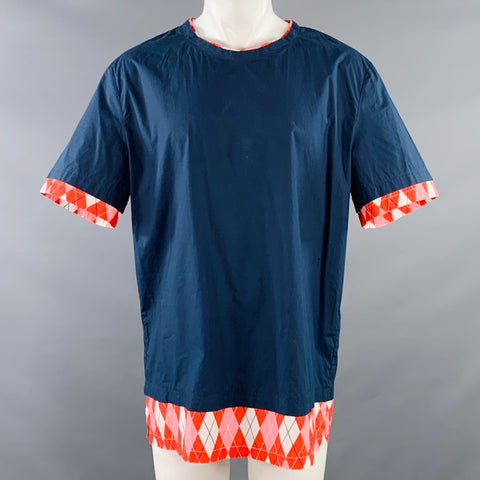 MSGM Size M Navy Red White Cotton Plaid Trim Crew Neck T-shirt