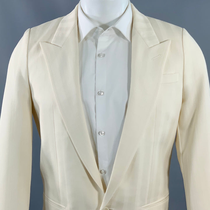 SAINT LAURENT Size 40 Regular Cream White Stripe Wool Peak Lapel Sport Coat