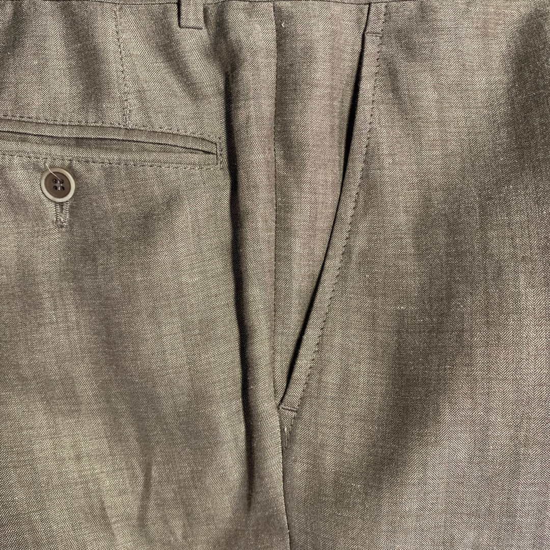 BRUNELLO CUCINELLI Size 38 Brown Herringbone Linen Wool Silk Peak Lapel Suit