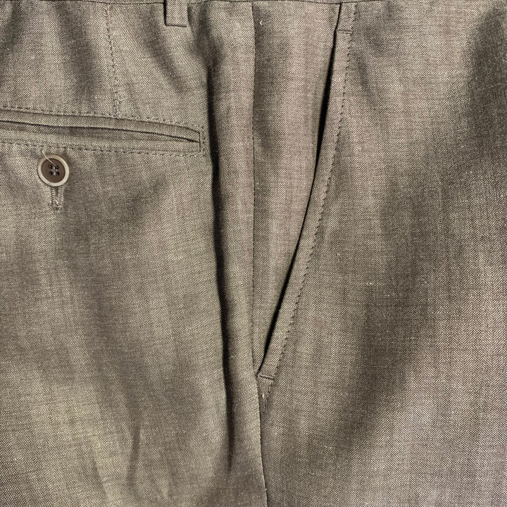 BRUNELLO CUCINELLI Size 38 Brown Herringbone Linen Wool Silk Peak Lapel Suit