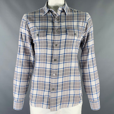FRAME Size L White Grey Navy Cotton Patch Pockets Long Sleeve Shirt
