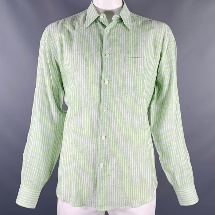 BRIONI Size L Green Stripe Linen Button Up Long Sleeve Shirt