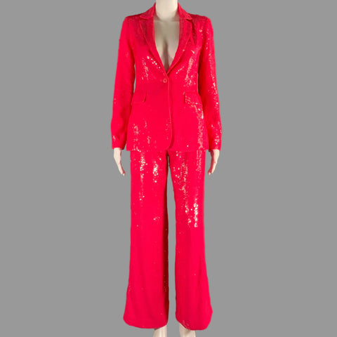 ALICE + OLIVIA Size XS Pink Polyester Sequined Notch Lapel Pants Suit