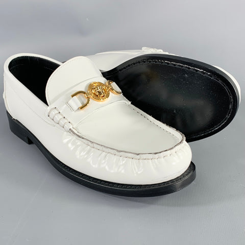 VERSACE Size 9 White Gold Leather Logo Moccasin Flats