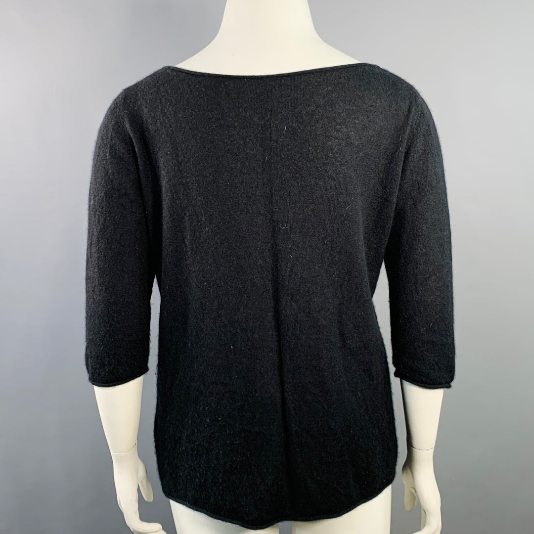 THE ROW Size L Black Cashmere Silk 3/4 Sleeves Scoop Neck Pullover