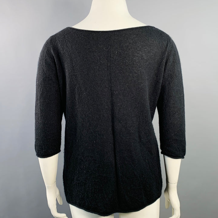 THE ROW Size L Black Cashmere Silk 3/4 Sleeves Scoop Neck Pullover