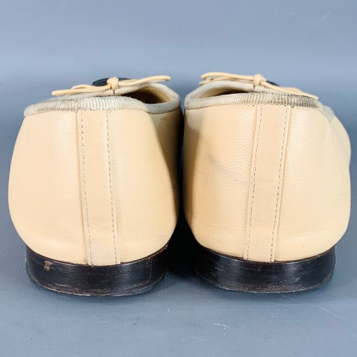 CHANEL Size 9 Beige Black Leather Monogram Cap Toe Flats