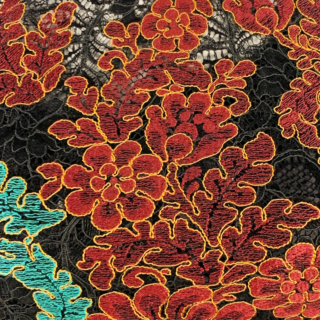 DOLCE & GABBANA Size 10 Black Green Brown Floral Lace 3/4 Sleeves Knee Length Dress