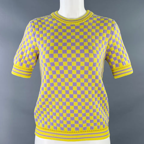 VERSACE Size S Yellow Lavender Wool Blend Checkered Crew Neck Casual Top
