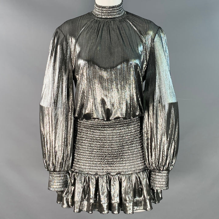 RETROFETE Size XS Piper Black Metallic Silver Polyester Blend High Neck Long Sleeve Mini Dress