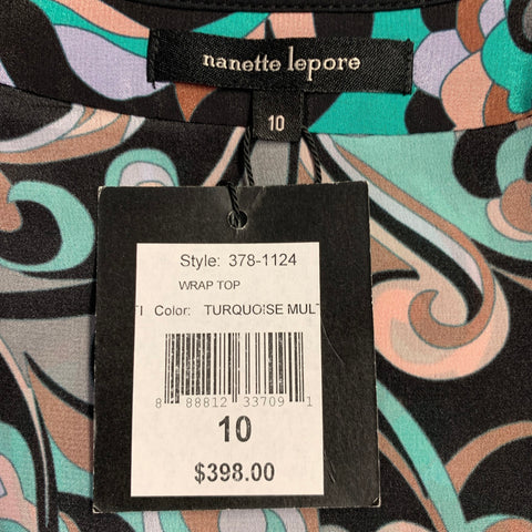 NANETTE LEPORE Size 10 Green Black Silk Abstract Wrap Around Blouse