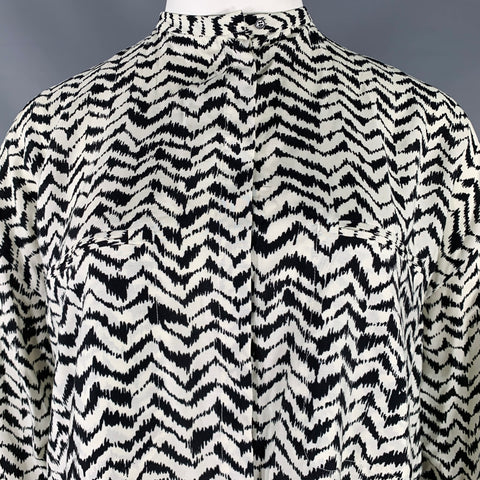 HAIDER ACKERMANN Size L Black White Viscose Silk Zig Zag Collarless Shirt