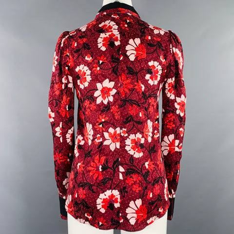 ALTUZARRA Size 0 Burgundy Black White Silk Floral Blouse