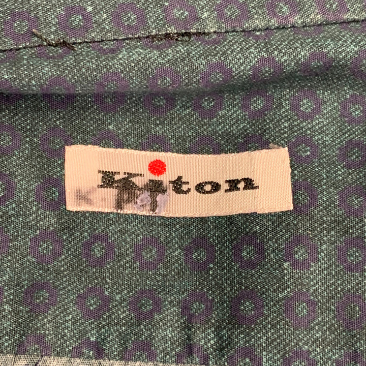 KITON Size XXL Green Navy Dots Cotton Curved Cutaway Long Sleeve Shirt