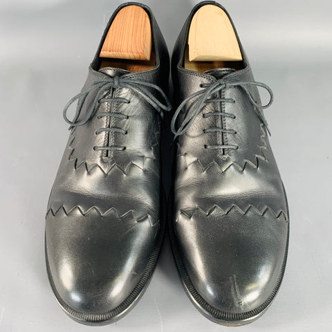 BOTTEGA VENETA Size 11 Black Leather Textured Zig Zag Lace-Up Shoes