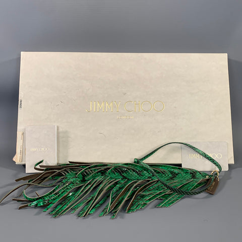 JIMMY CHOO Green Brown Snakeskin Leather Fringed Charm