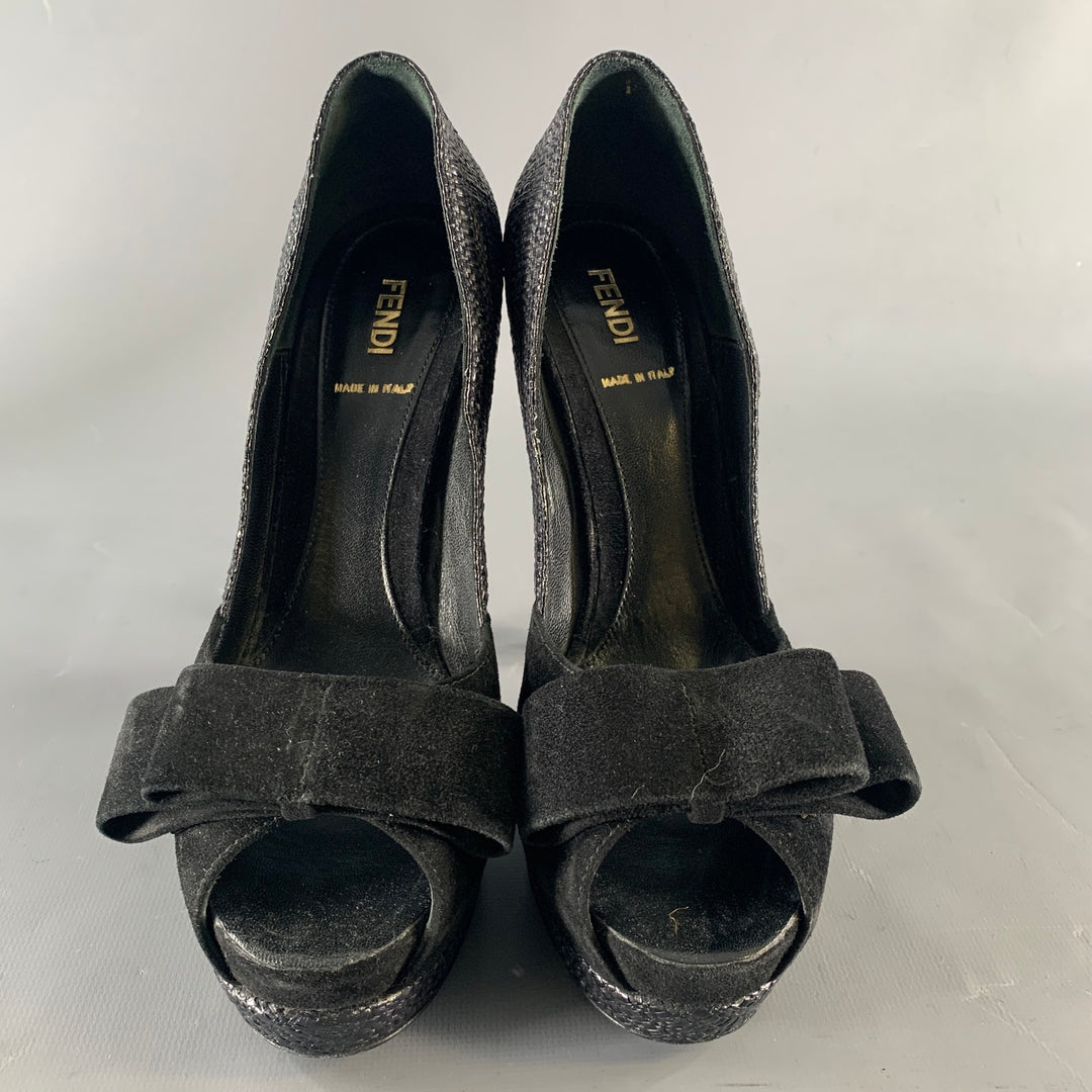 FENDI Size 8.5 Black Raffia Woven Platform Pumps