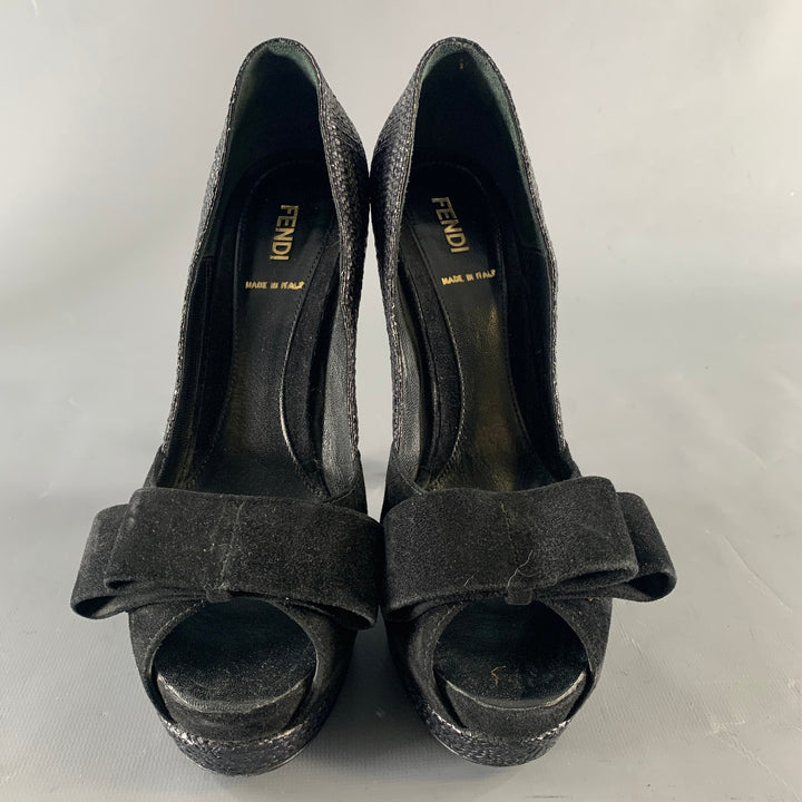 FENDI Size 8.5 Black Raffia Woven Platform Pumps